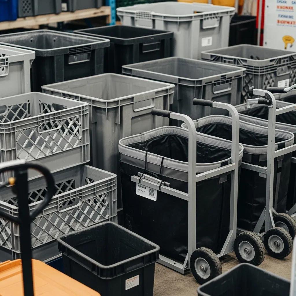 Variety of business moving supplies including reusable crates, flexible bins, and dollies for office relocation