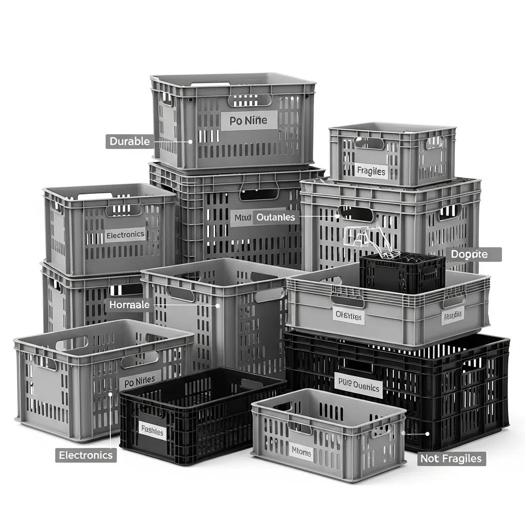 Various sizes and types of plastic moving crates showcasing their durability and versatility for different moving needs