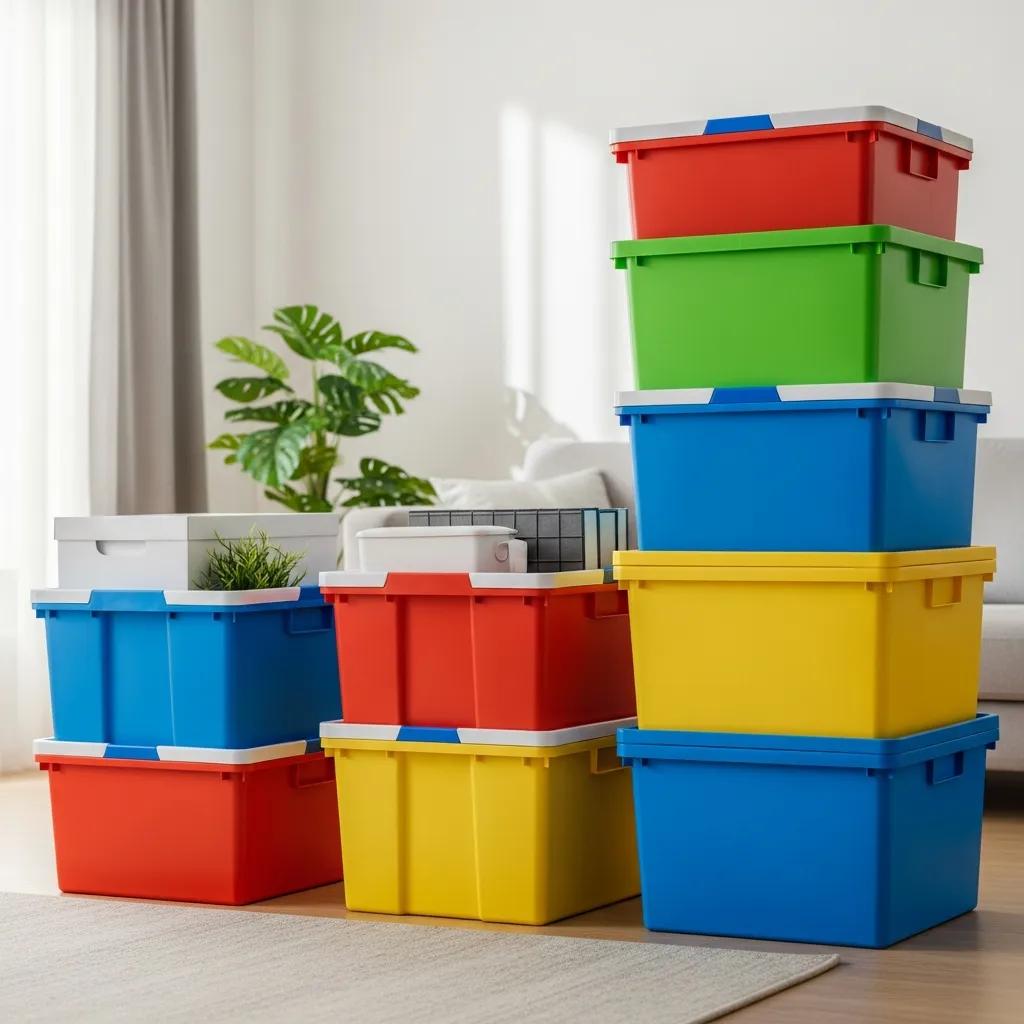 Colorful plastic moving boxes in a modern living room, emphasizing eco-friendly moving solutions