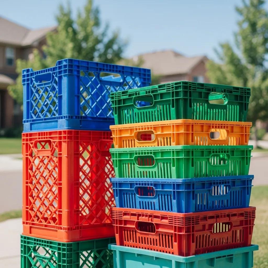 Colorful reusable moving crates in a sunny Littleton neighborhood, emphasizing eco-friendly moving solutions