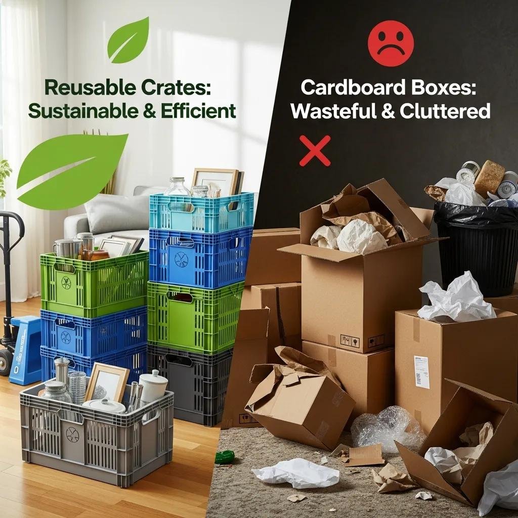 Comparison of reusable moving crates and cardboard boxes, highlighting environmental benefits