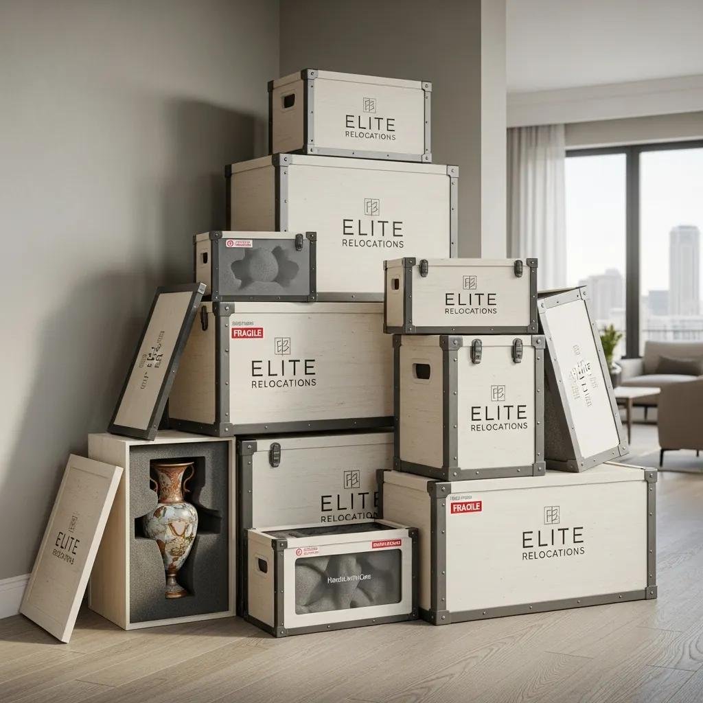 Custom moving crates stacked in a modern environment, emphasizing durability and protection