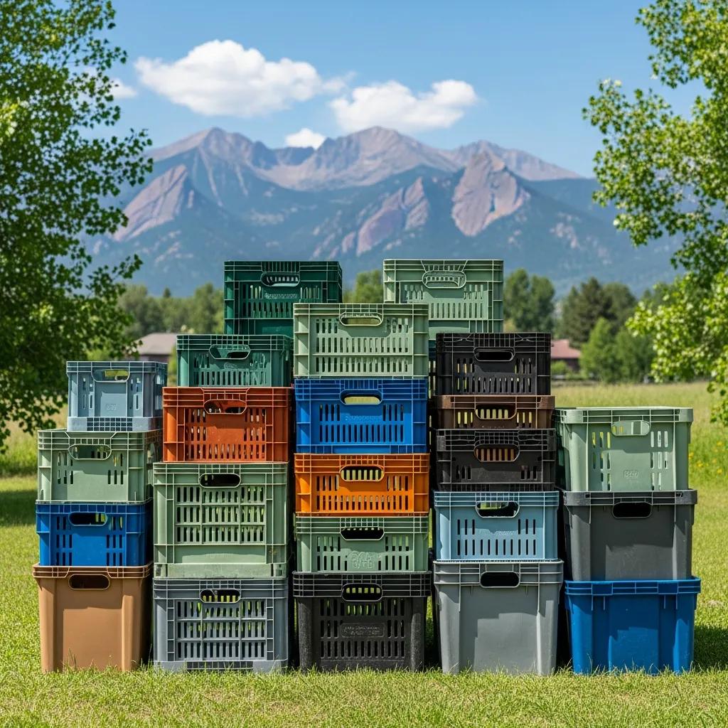 Eco-friendly moving crates in a sunny Denver landscape, emphasizing sustainability and reuse