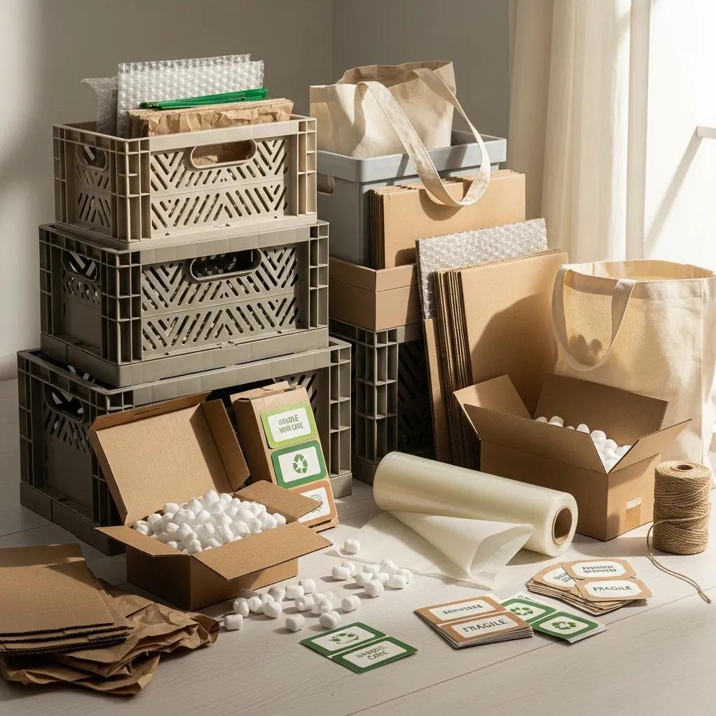 Eco-friendly moving supplies arranged with reusable crates, showcasing sustainable moving options