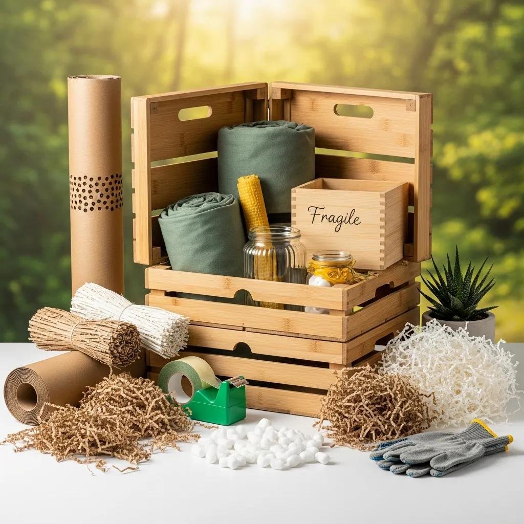 Eco-friendly moving supplies including biodegradable materials and reusable crates in a sustainable setting