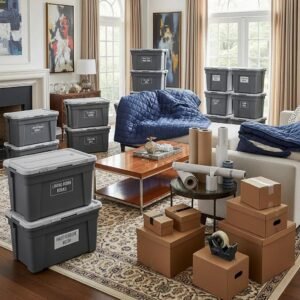 Luxury moving supplies including reusable bins and blankets in an elegant living room setting