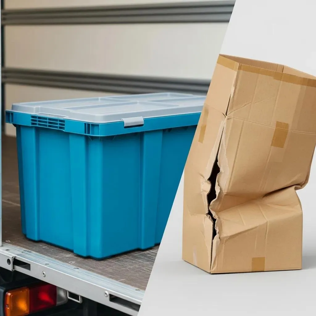 A blue storage bin beside a crumpled cardboard box.