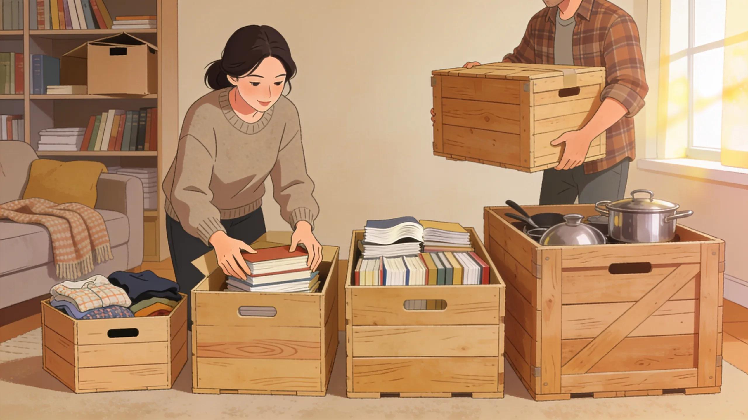 Different-sized moving crates packed with household items to illustrate room-specific packing approaches
