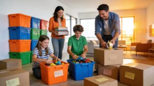 Colorful moving crates organized in a cheerful living room during preparation for a move