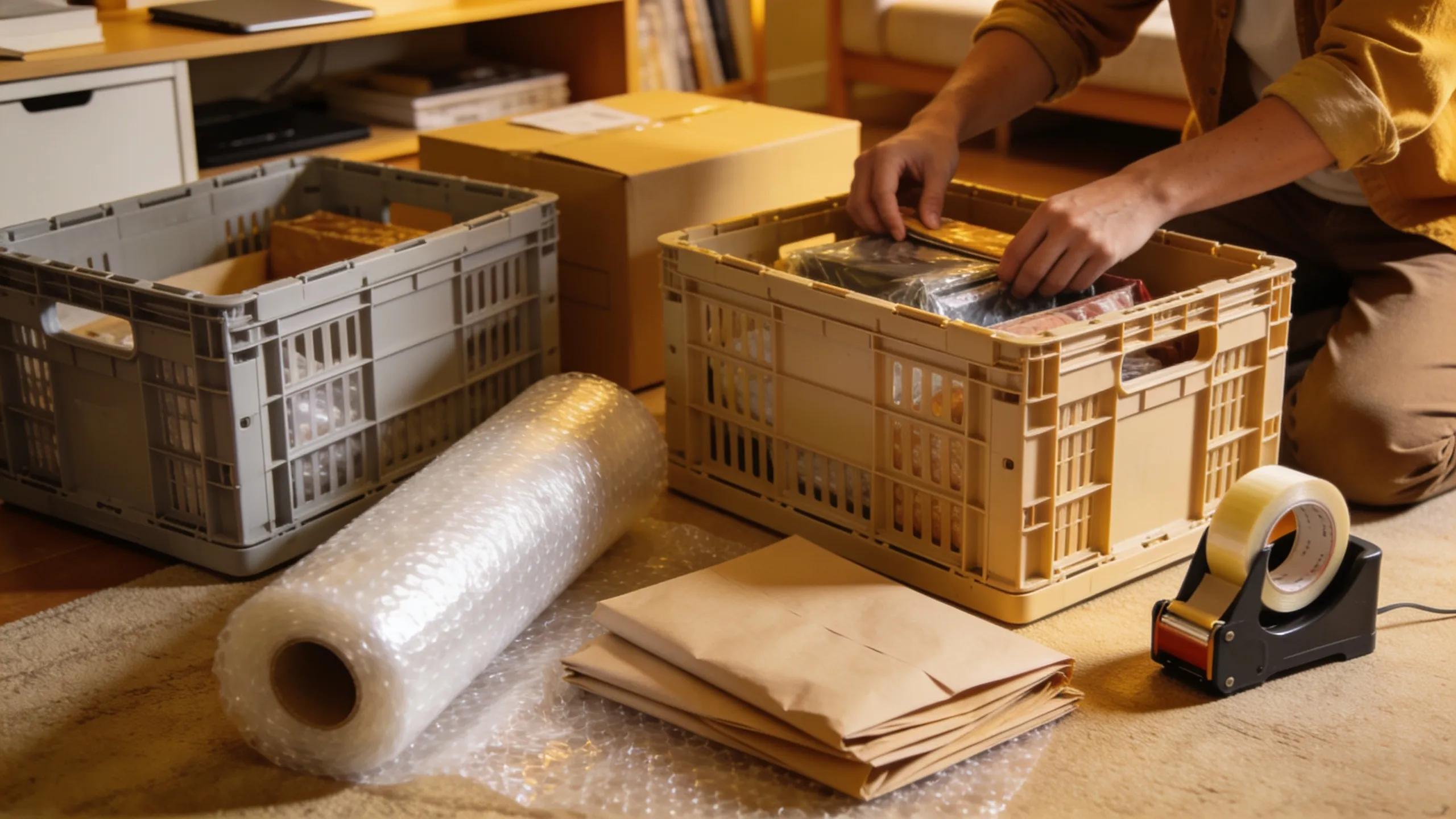 Person packing neat moving crates with labeled supplies in an organized living area