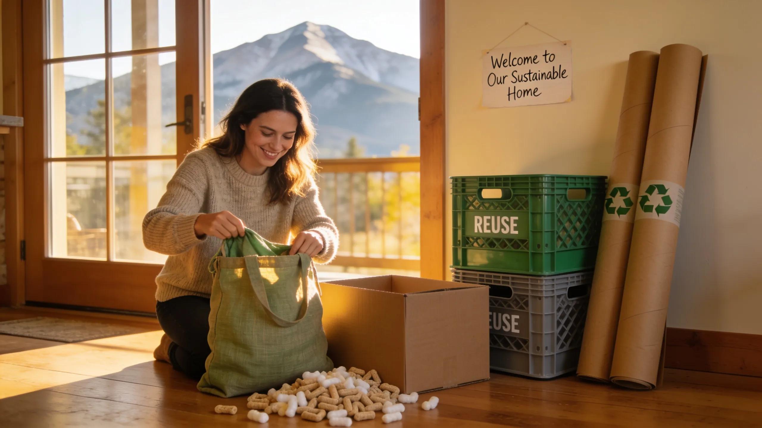 Family utilizing eco-friendly moving supplies while settling into their new Colorado home, showcasing sustainability