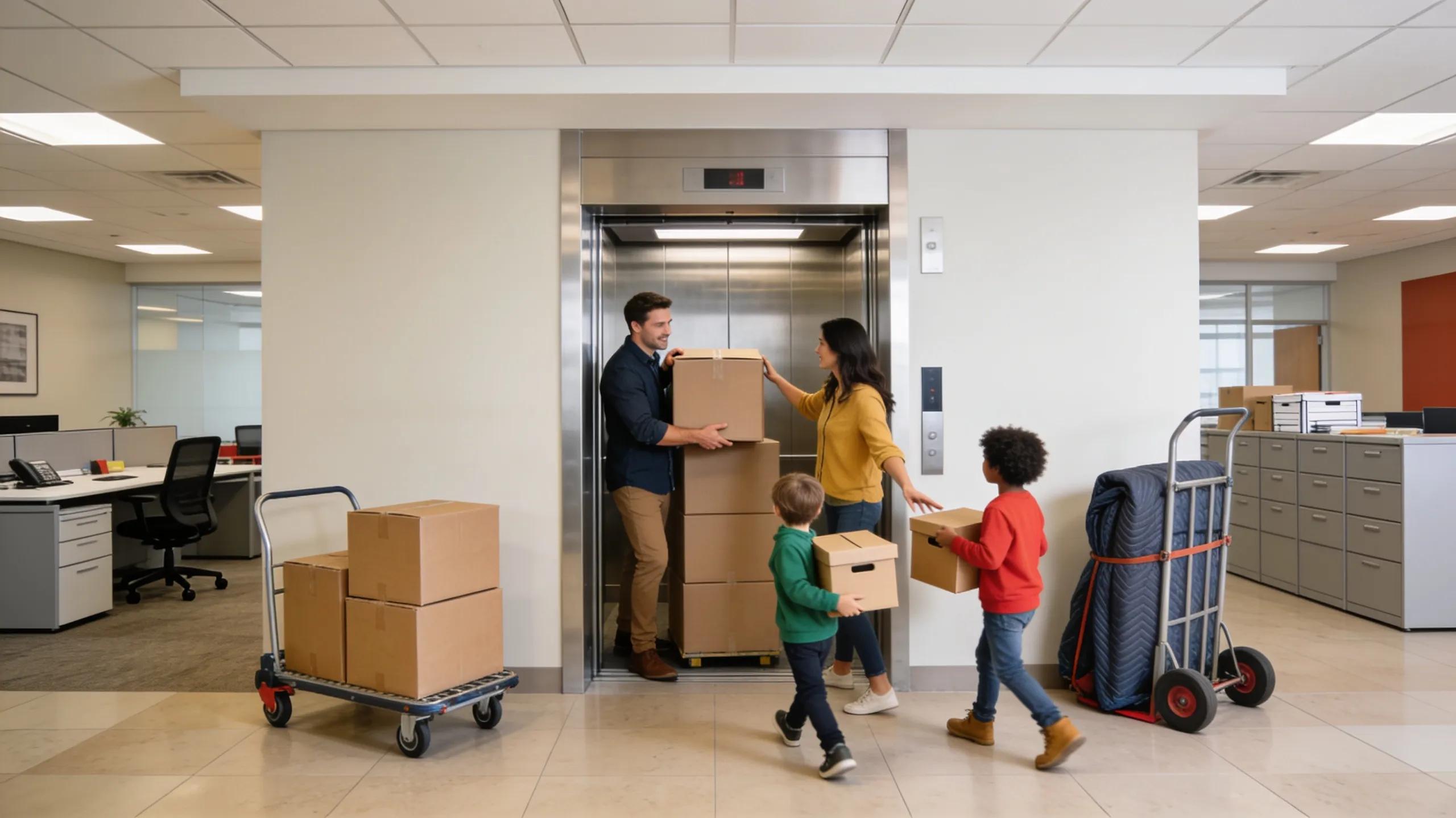 Family utilizing a freight elevator for their office move in Downtown Denver, highlighting scheduling logistics.