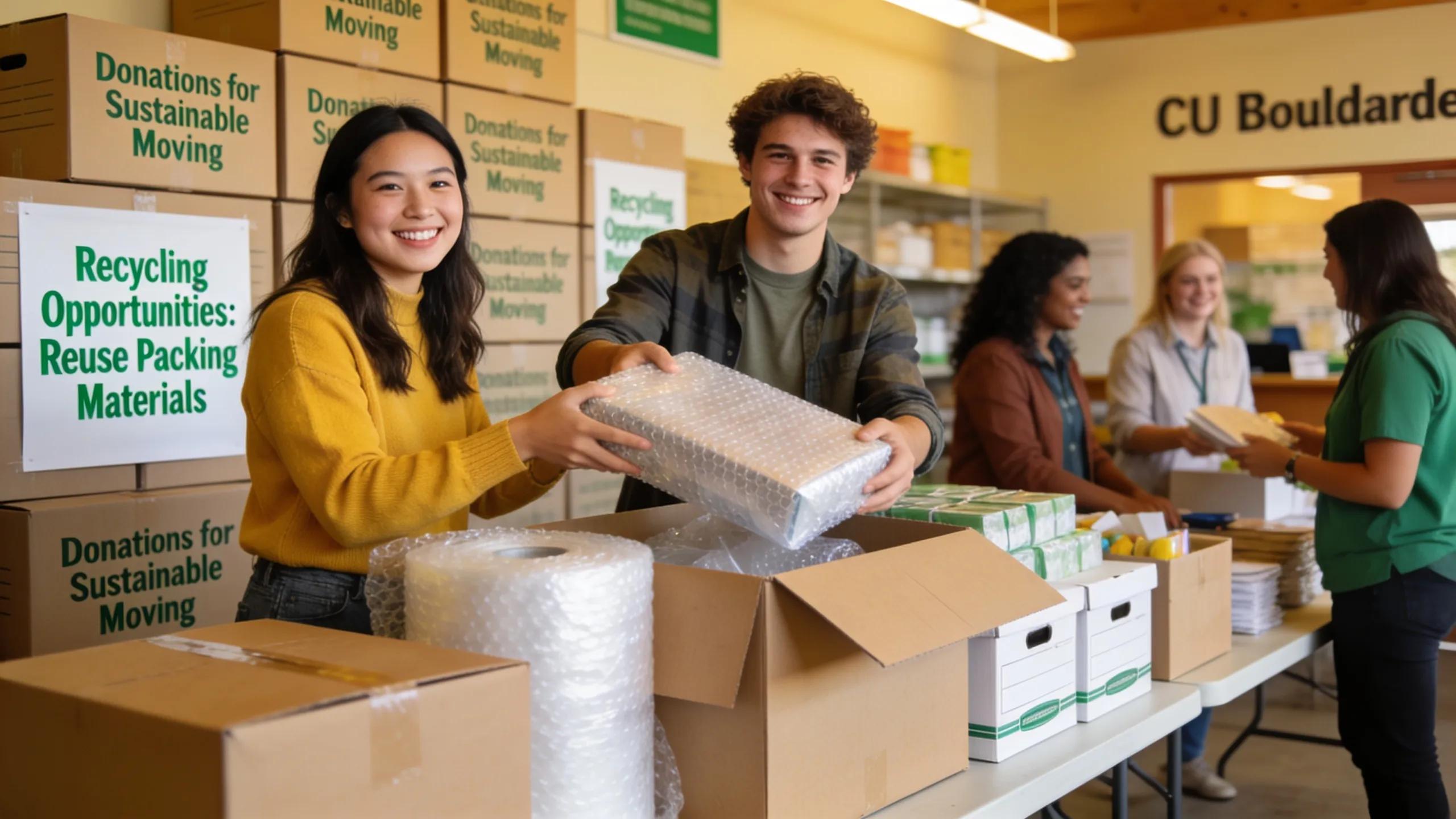 CU Boulder students donating packing supplies at a local donation center, supporting community sustainability