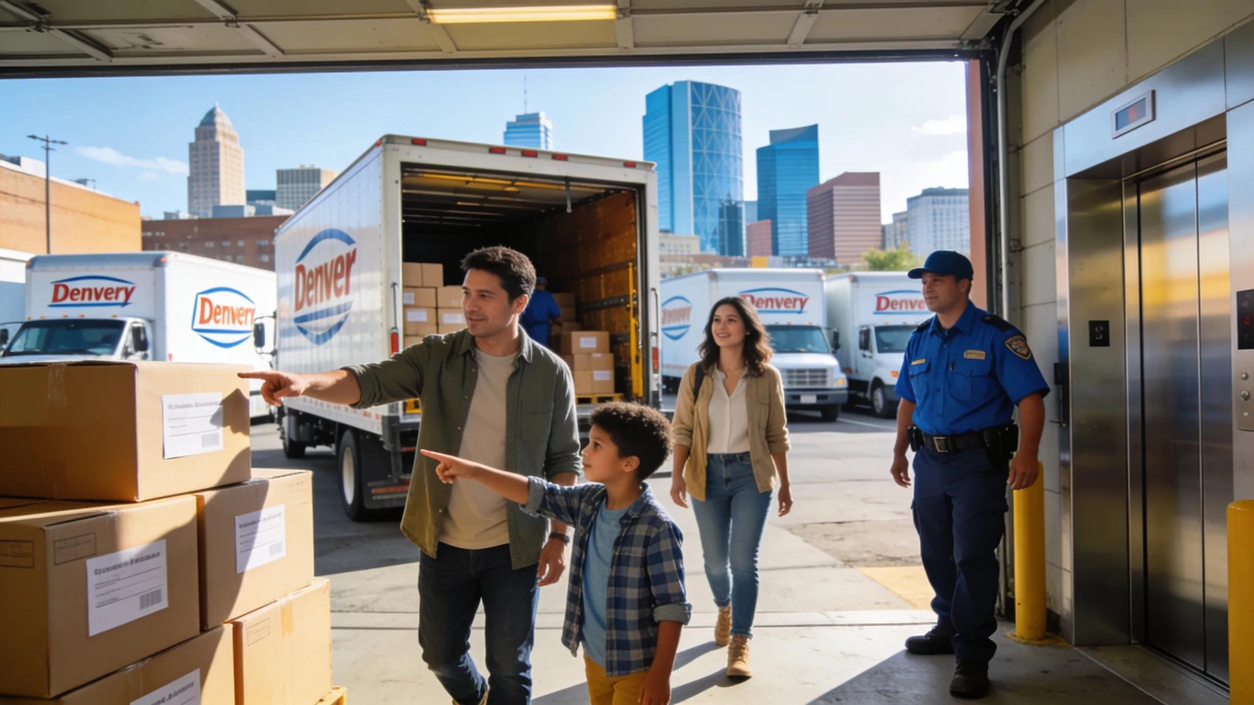 Family coordinating their office move at a loading dock in Denver, showcasing loading dock logistics.