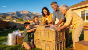 Multi-generational family collaborating to pack crates for a move in Colorado's scenic landscape