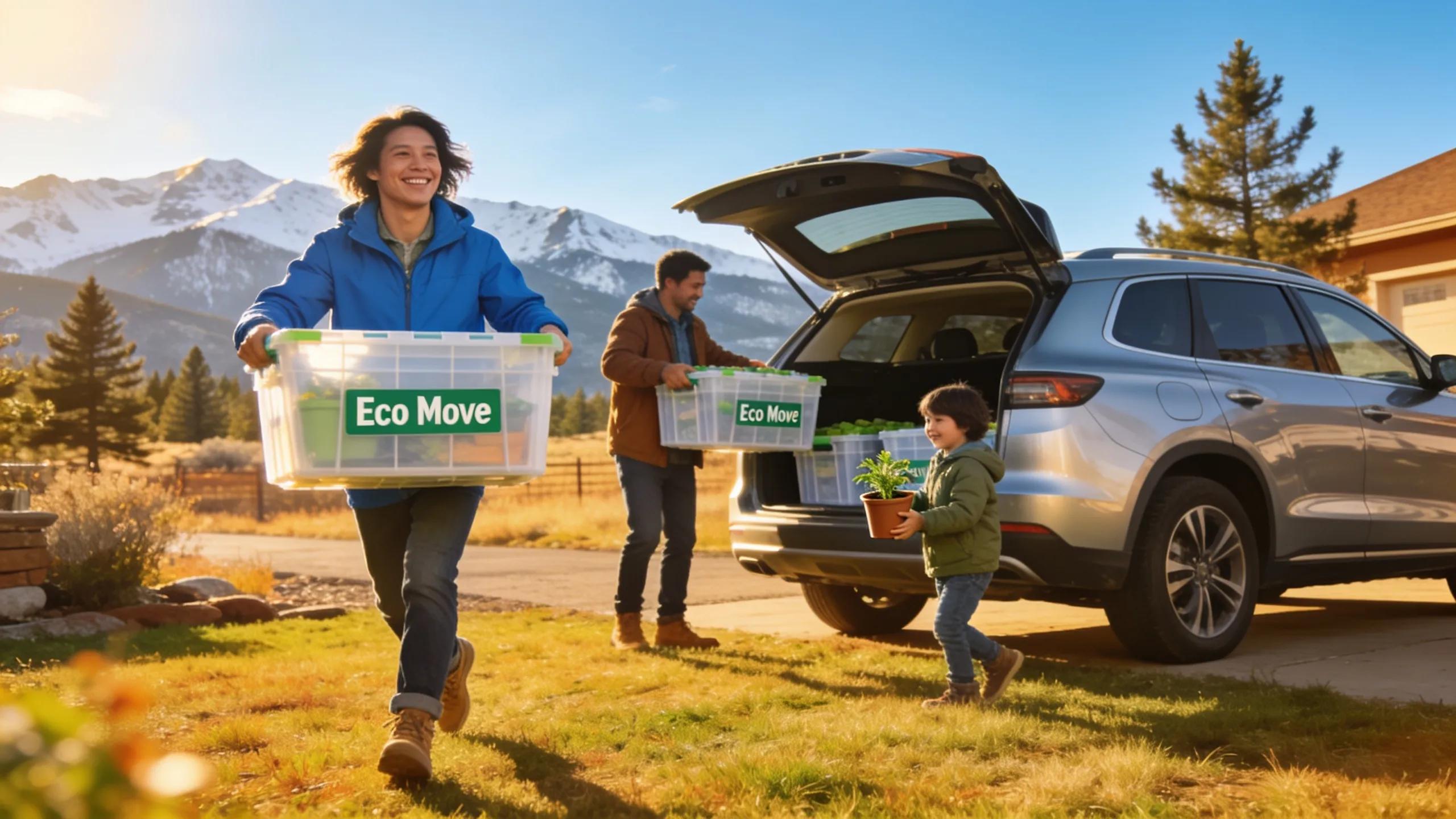 Family relocating in Colorado using eco-friendly moving bins, illustrating the environmental advantages of sustainable moving.