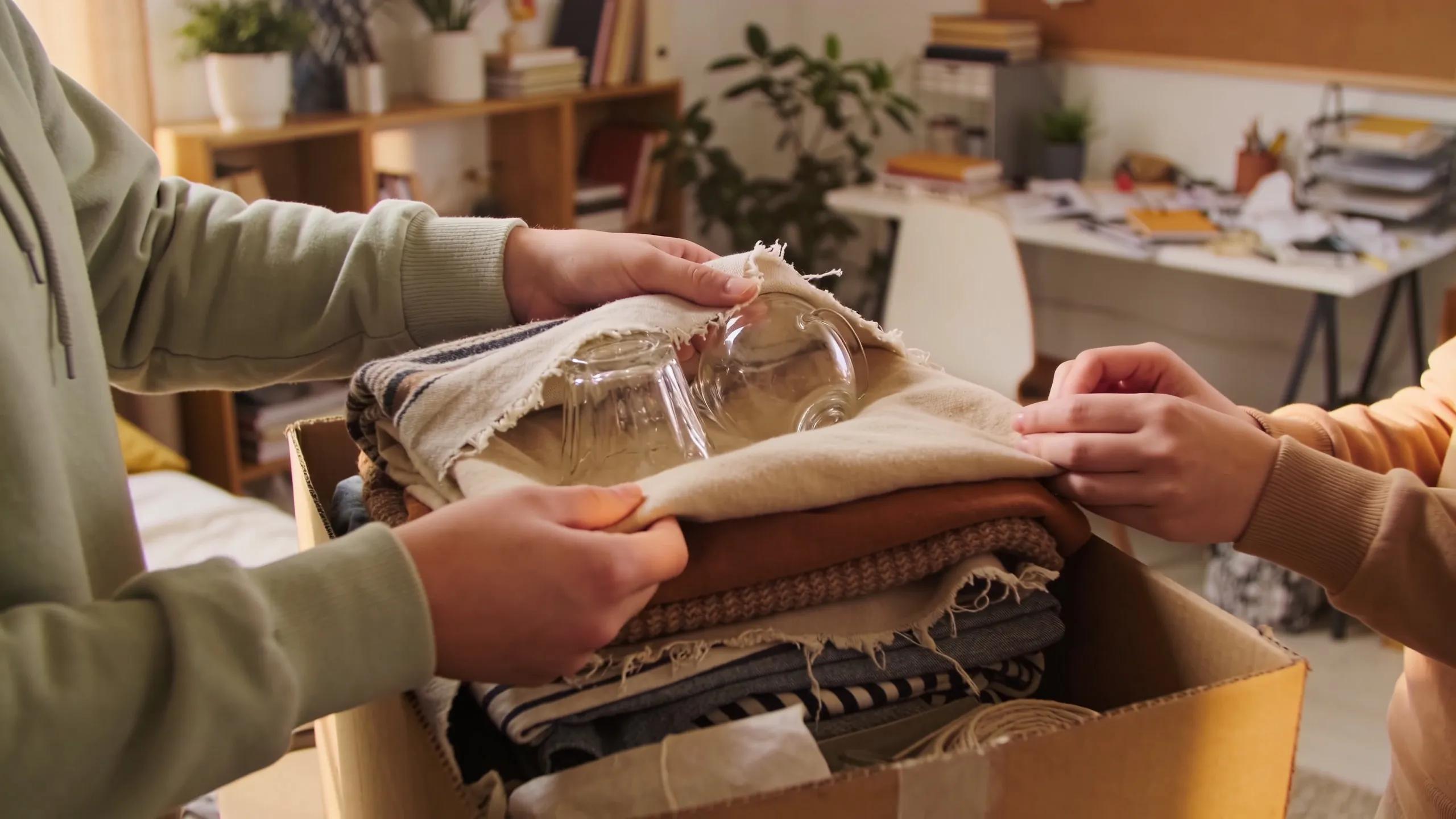 Students using textiles like blankets and clothes for eco-friendly packing methods