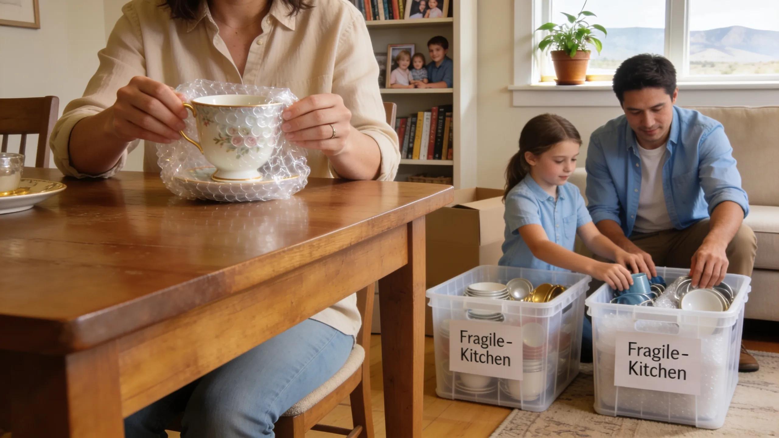Family handling fragile kitchen items carefully while packing them into reusable bins in a Colorado setting