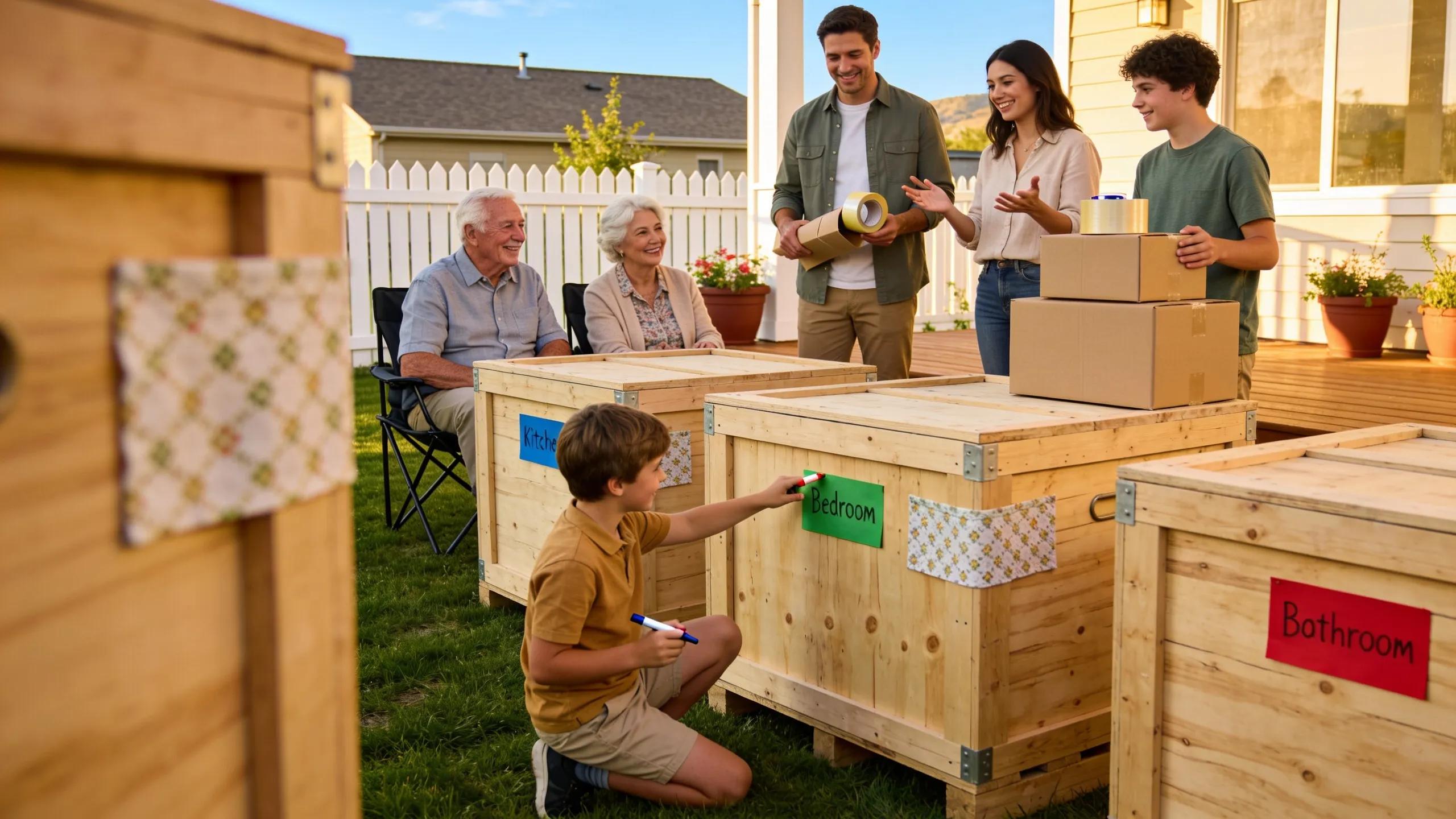 Family in Colorado using eco-friendly moving supplies with color-coded labels