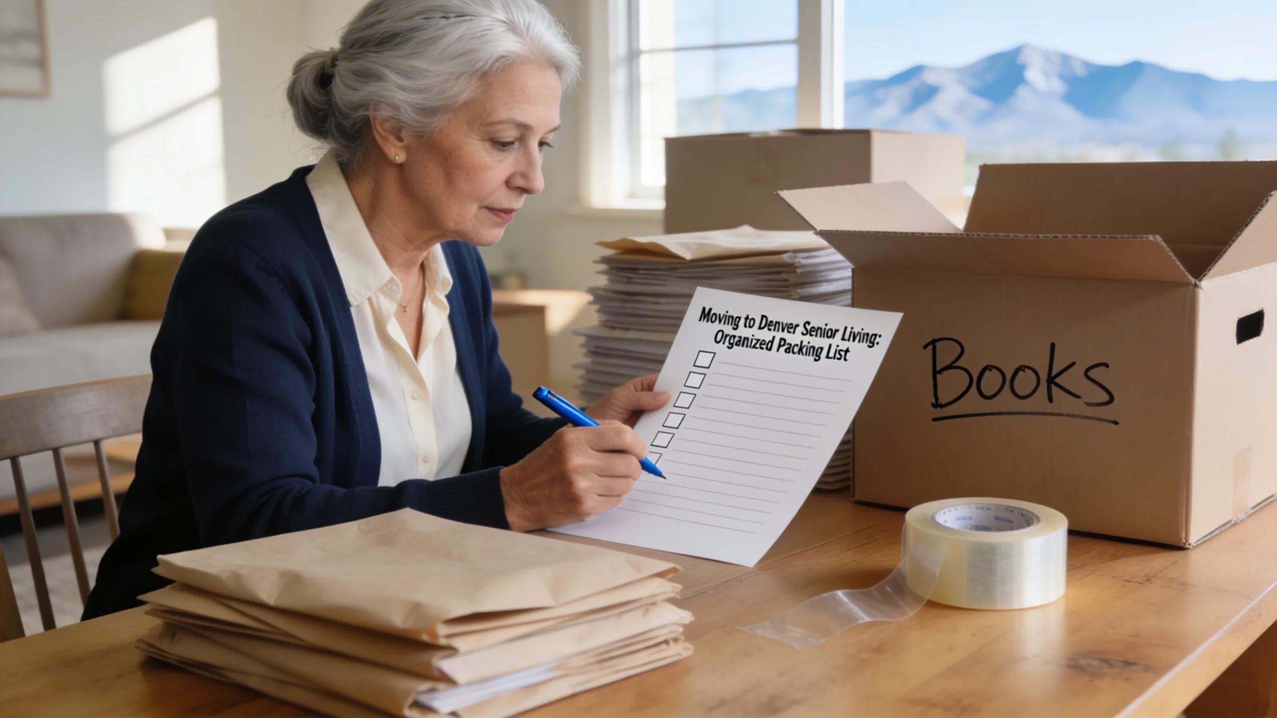 Senior woman organizing her moving checklist and packing supplies, illustrating a methodical approach to senior relocation