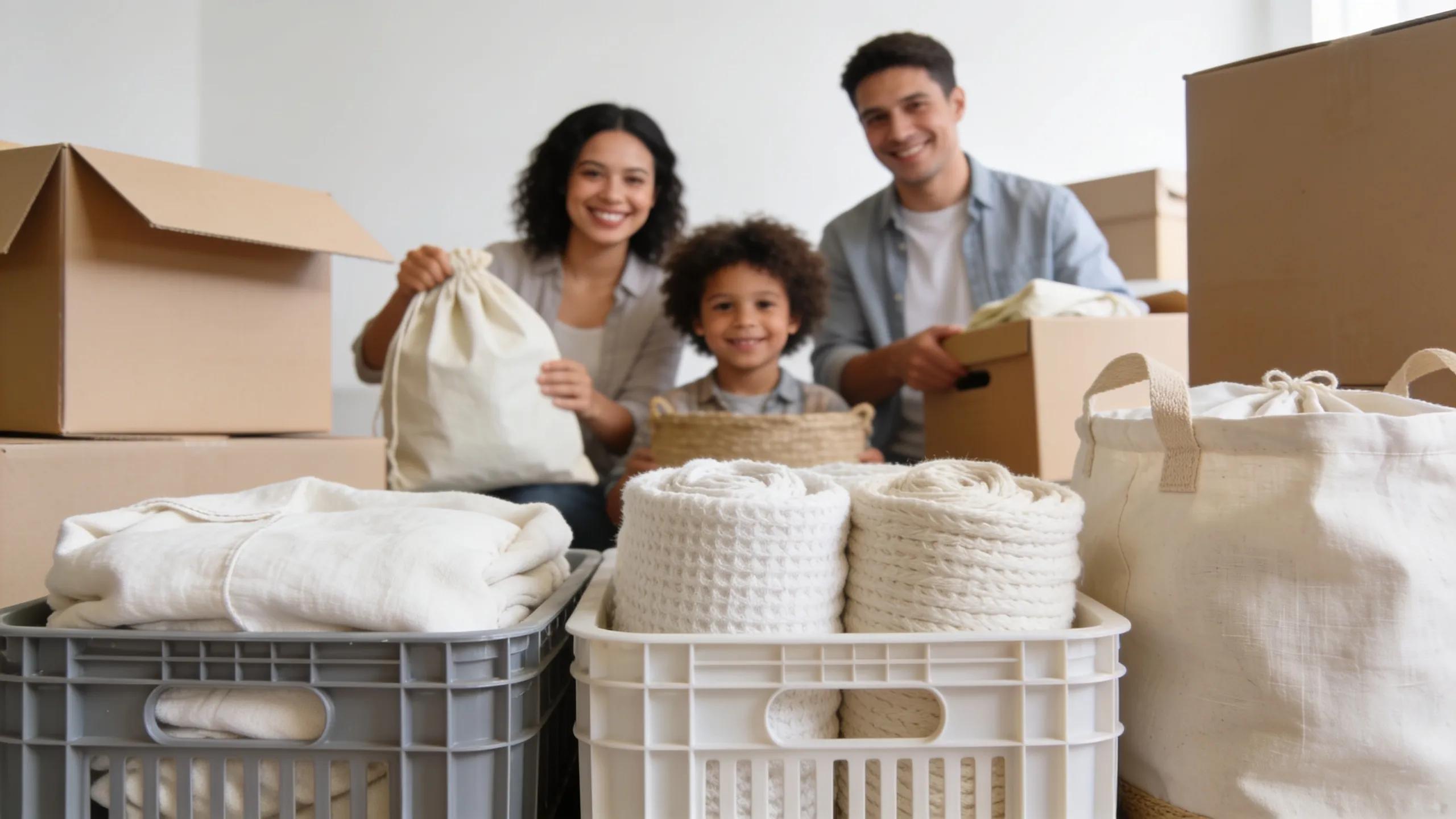 Sustainable packing materials including reusable plastic crates and cotton textiles arranged in a moving area