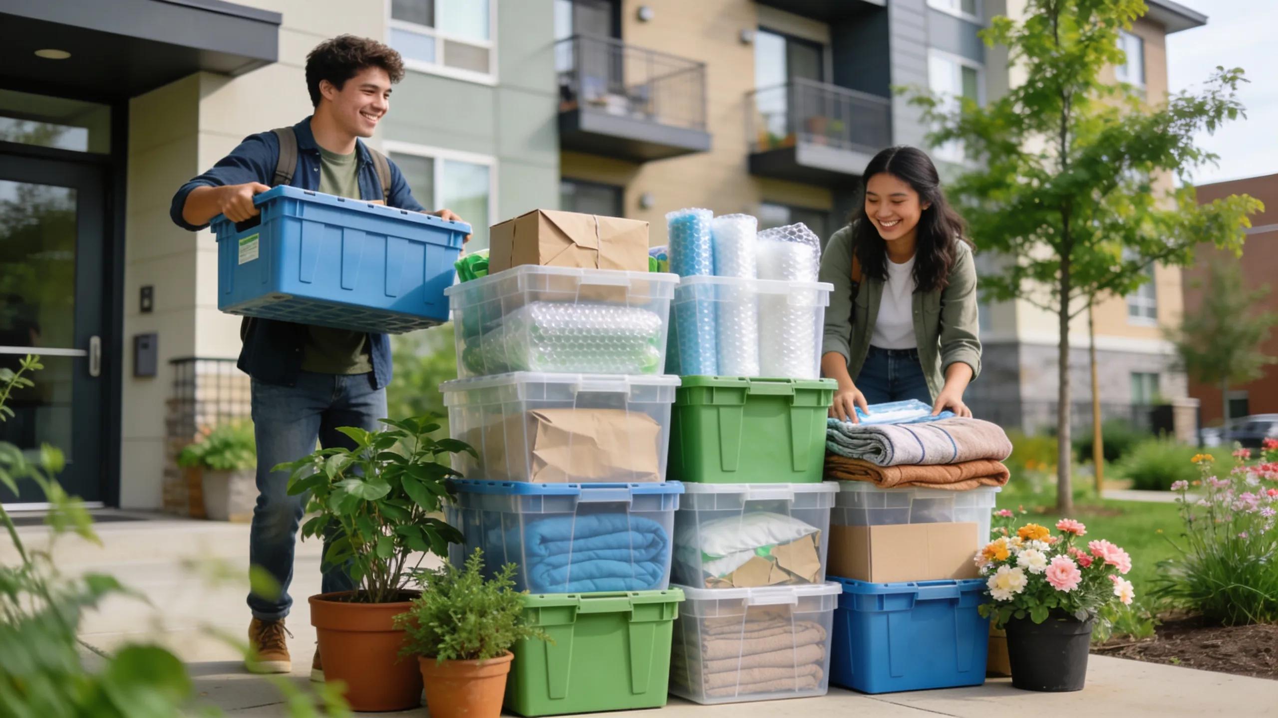Reusable plastic moving crates showcasing sustainable packing solutions for University of Denver students