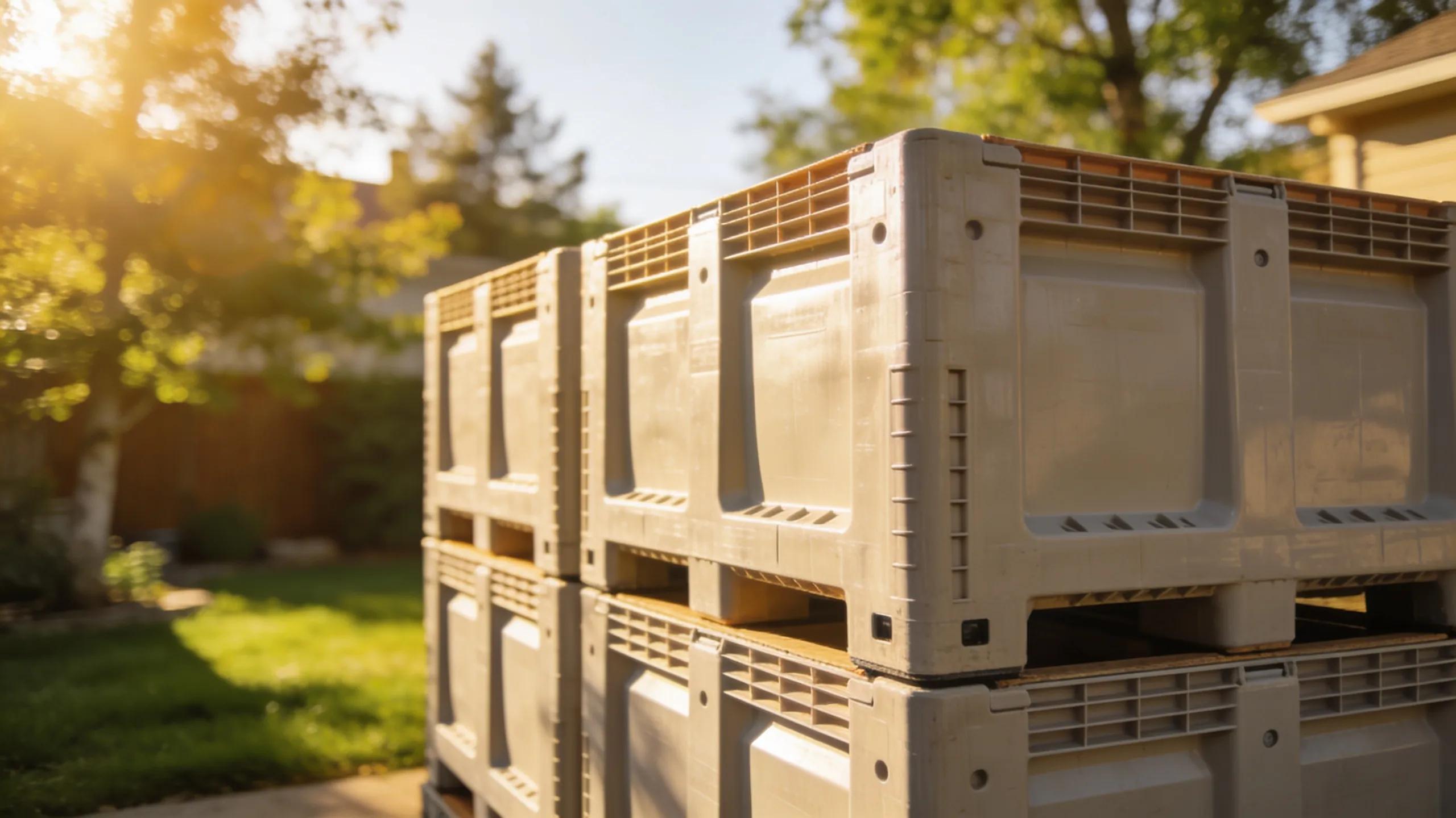Durable reusable moving crates stacked in a sunny Colorado backyard