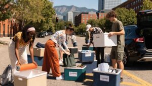 CU Boulder students and families using eco-friendly moving boxes amidst a sunny Boulder backdrop