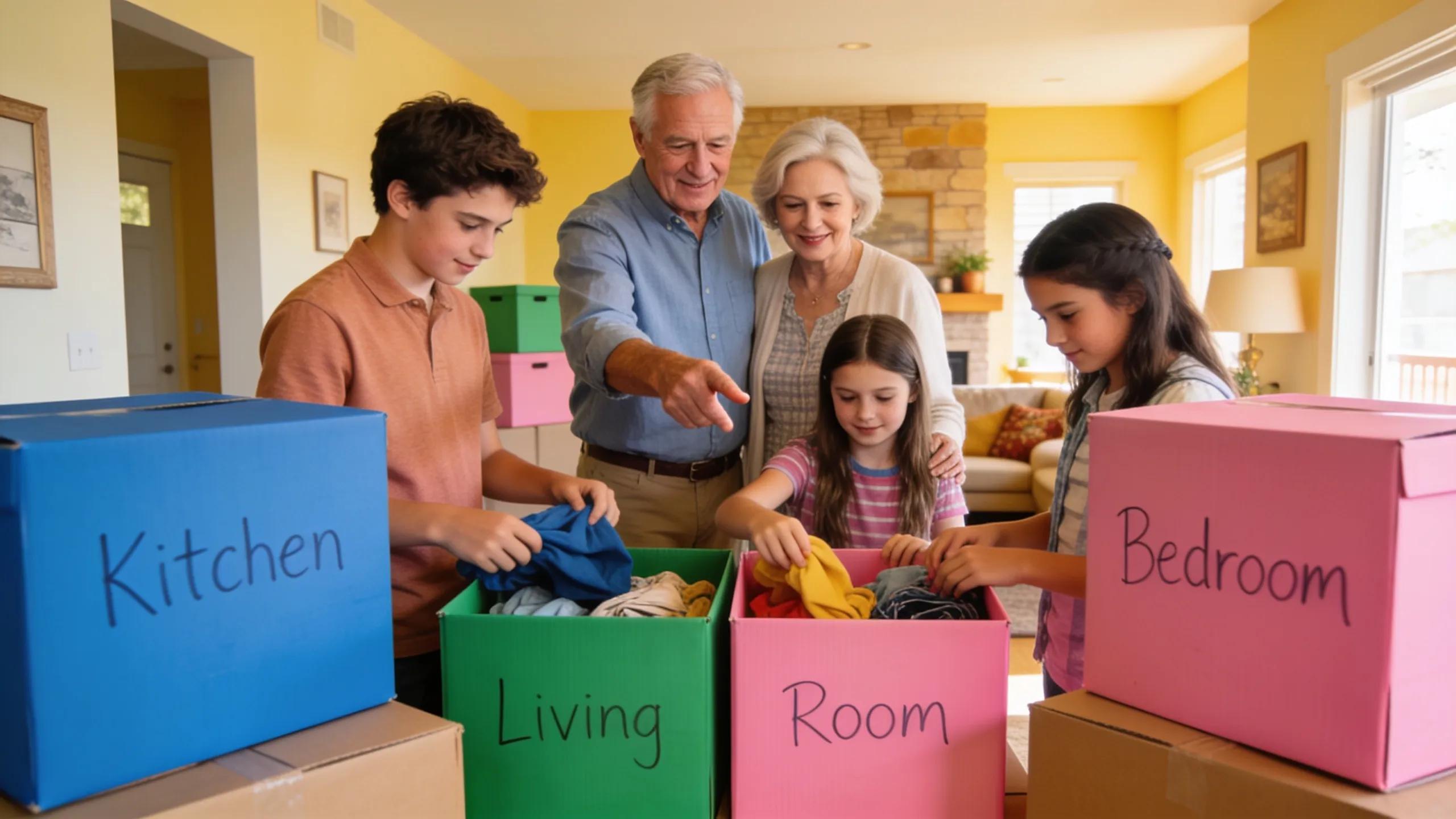 Family in Colorado efficiently packing by room using a color-coded system