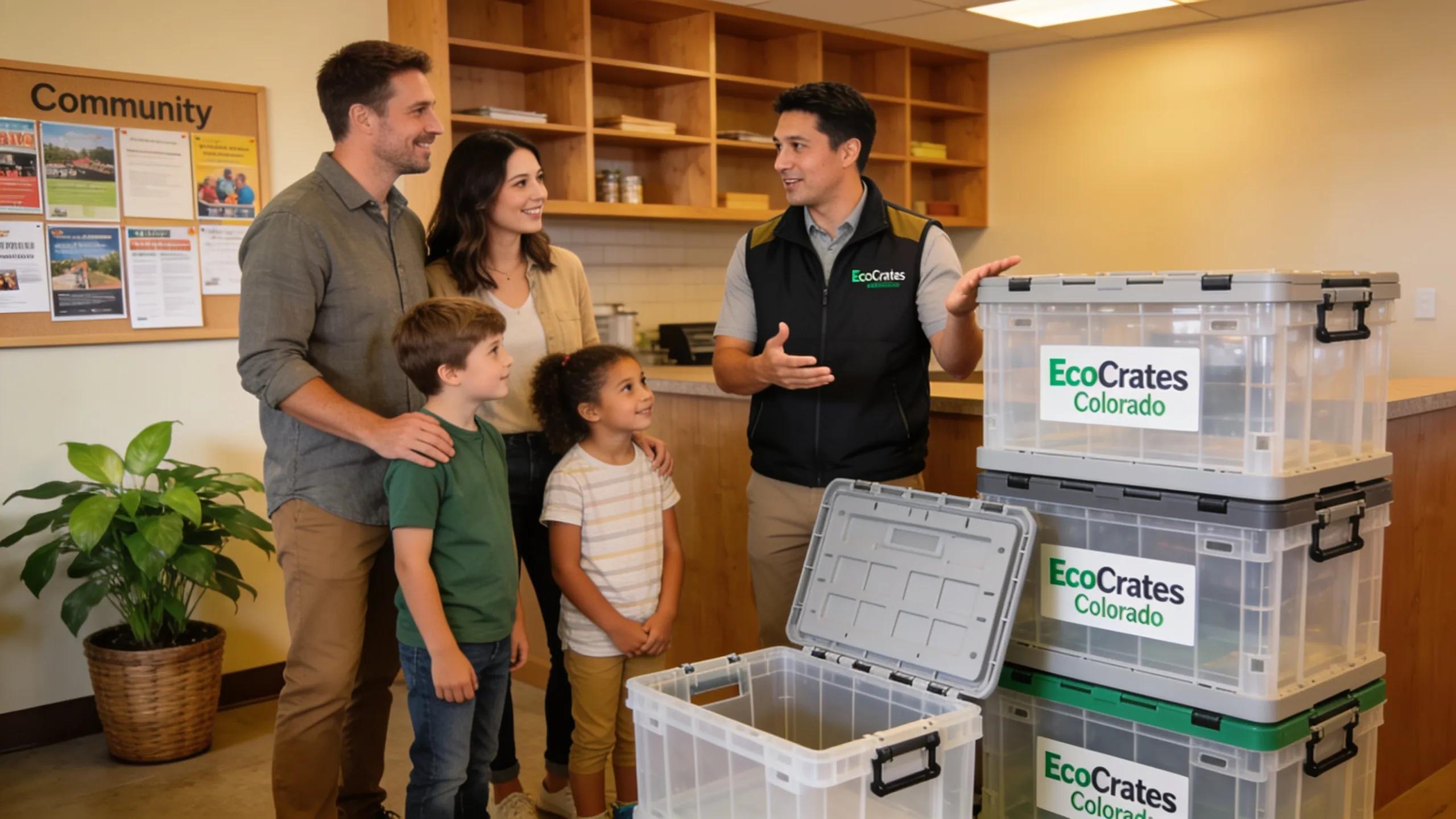 Family engaging with a rental service for eco-friendly moving crates in Colorado
