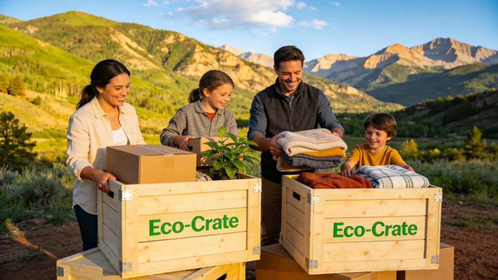 Family using eco-friendly moving crates in the beautiful Colorado outdoors