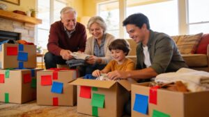 Family in Colorado using color-coded packing for an efficient move