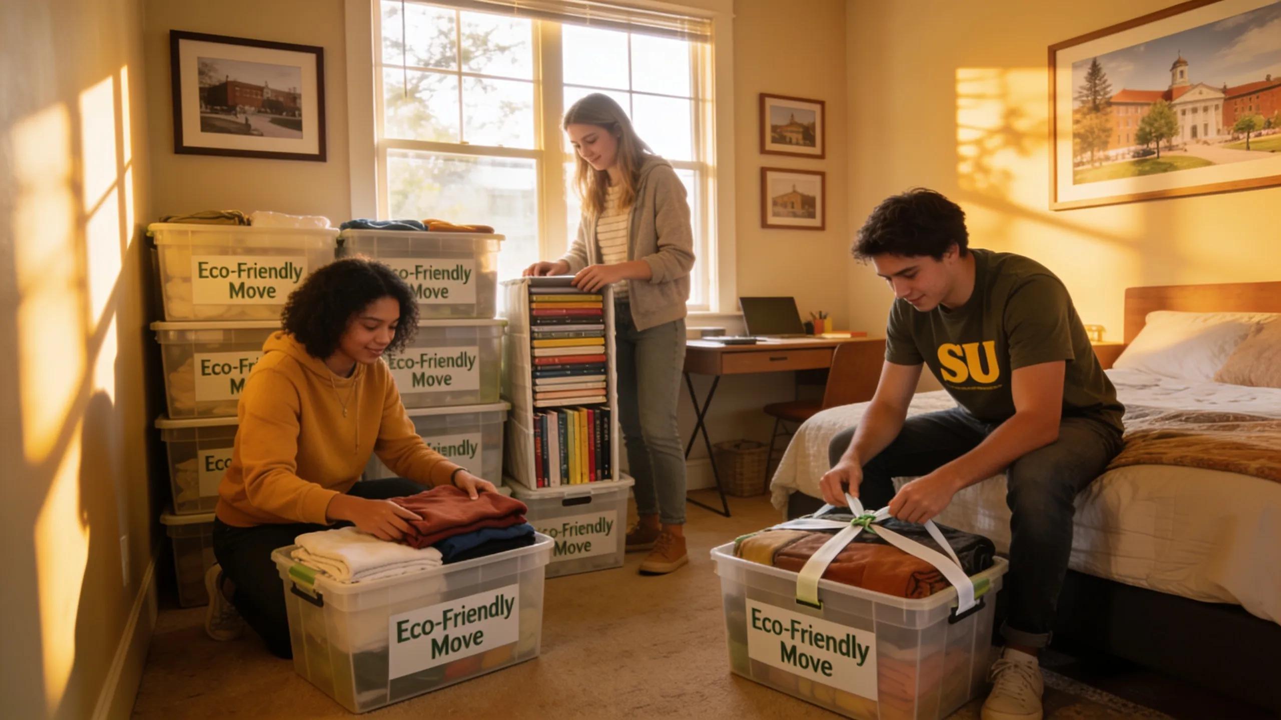 CSU students organizing belongings in sustainable moving bins, emphasizing organized campus living.