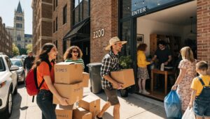 Students and families engaging in a joyful apartment relocation in Denver, showcasing eco-friendly moving solutions