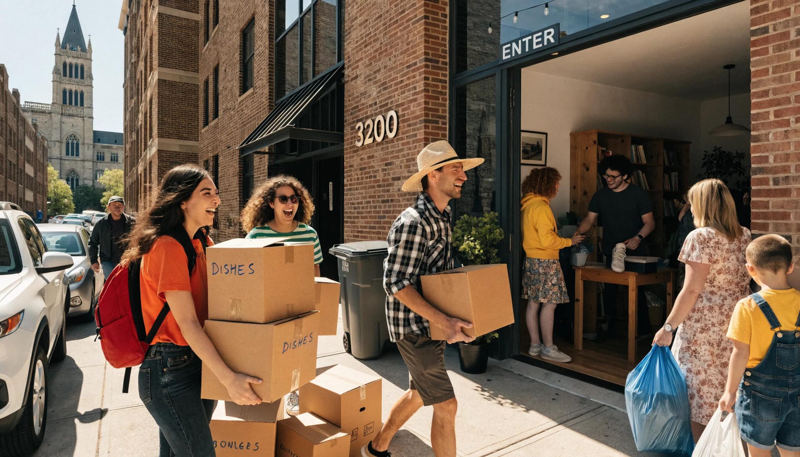 Students and families engaging in a joyful apartment relocation in Denver, showcasing eco-friendly moving solutions