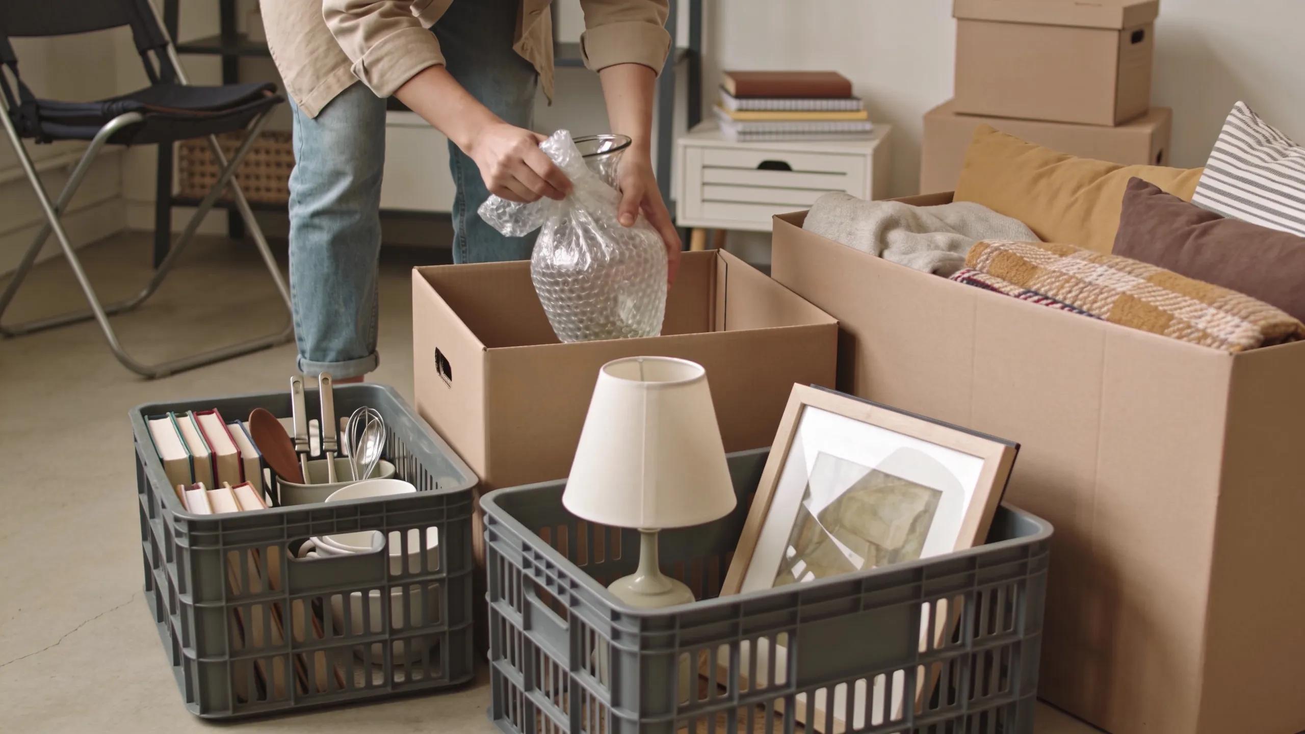 Family member expertly packing large-volume crates with household items, emphasizing effective packing strategies