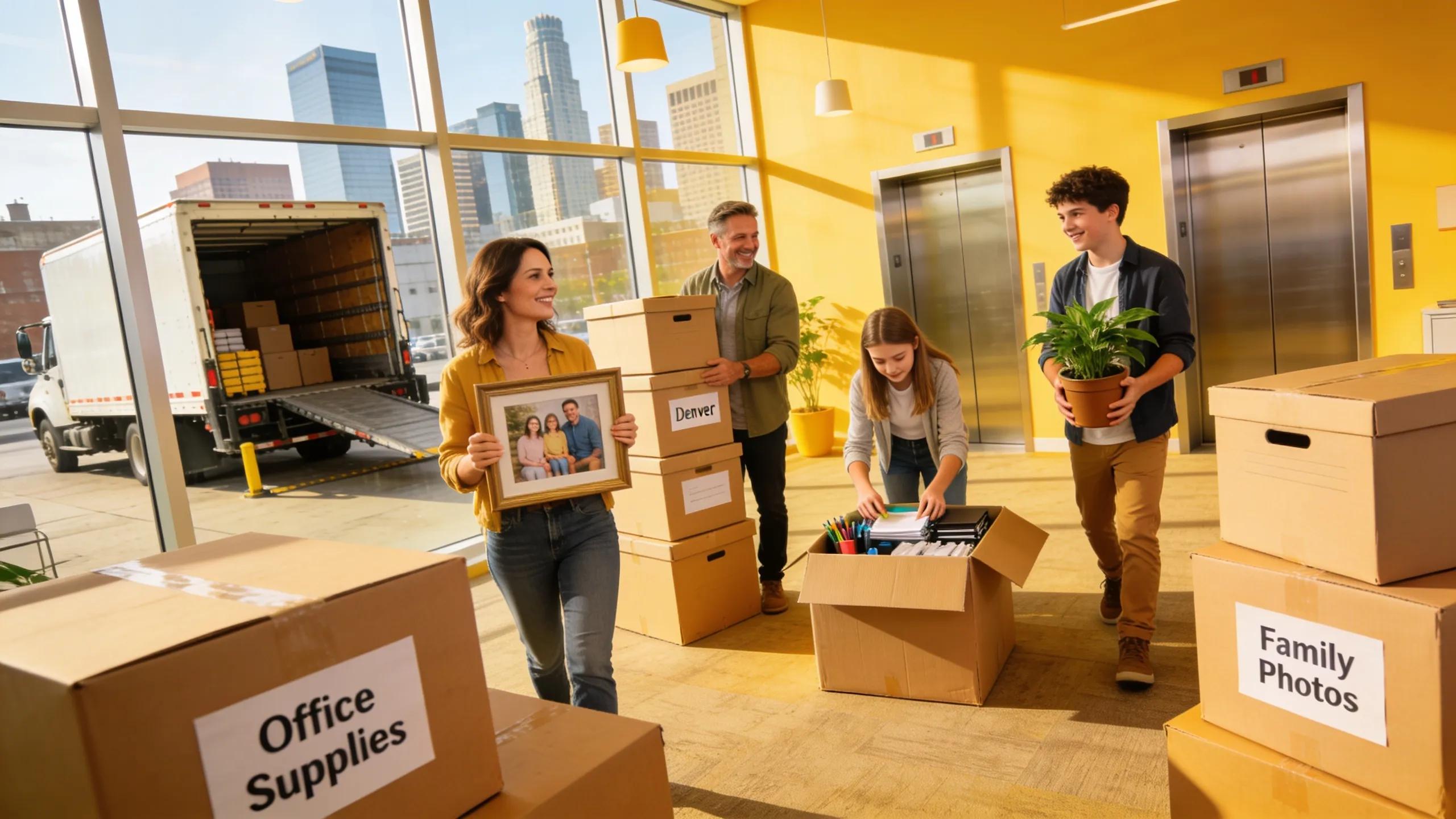 Family joyfully moving into a new office space in Downtown Denver, illustrating office relocation themes.