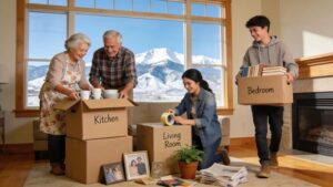 Senior couple and family members collaborating to pack boxes for a move, reflecting support and teamwork in a Denver home environment