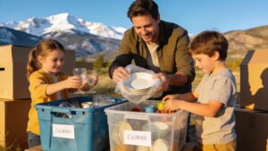 Family packing kitchenware into reusable bins in Colorado, emphasizing teamwork and care in a moving scenario