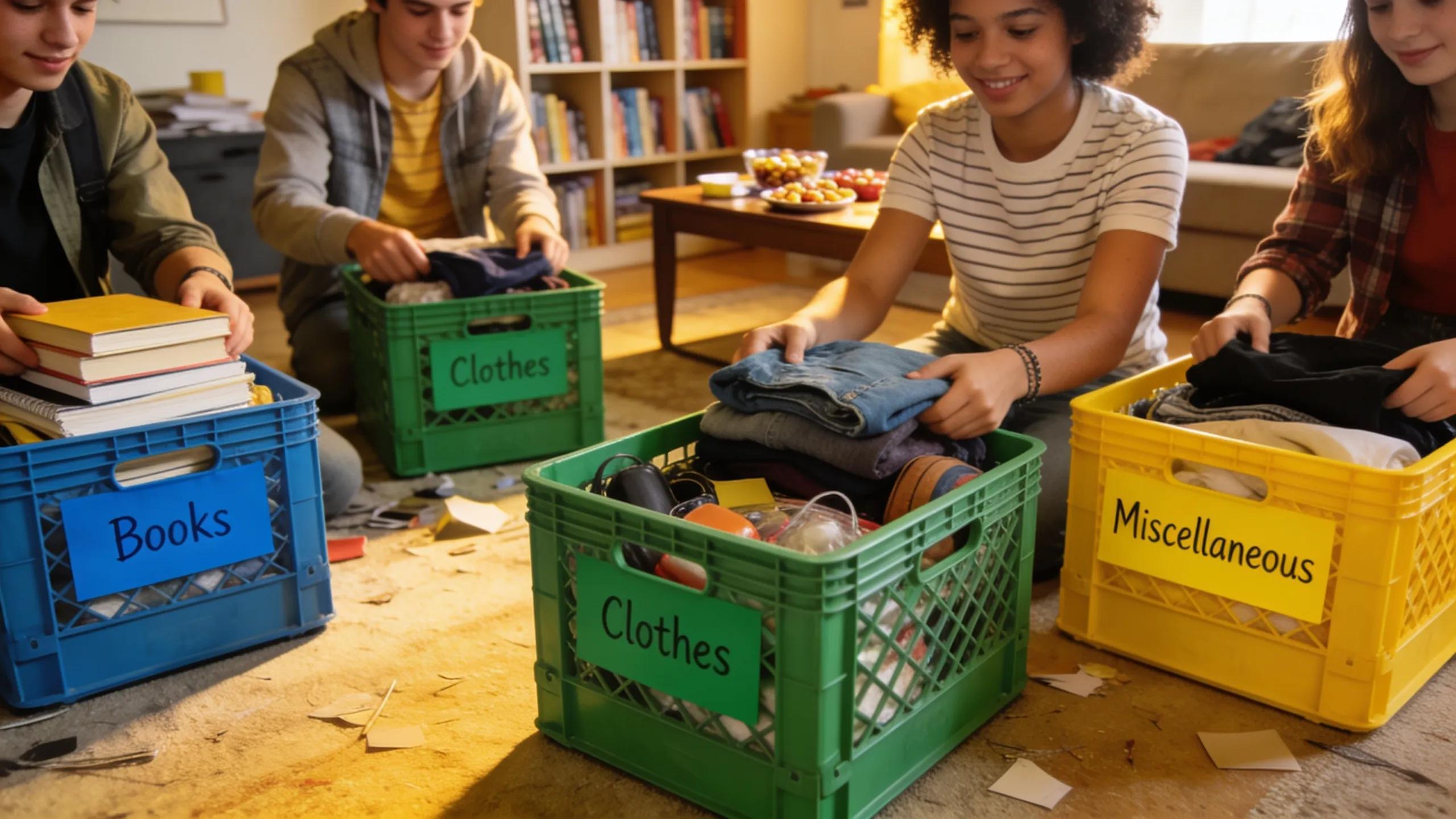 Students utilizing efficient packing strategies with colorful crates during their moving process