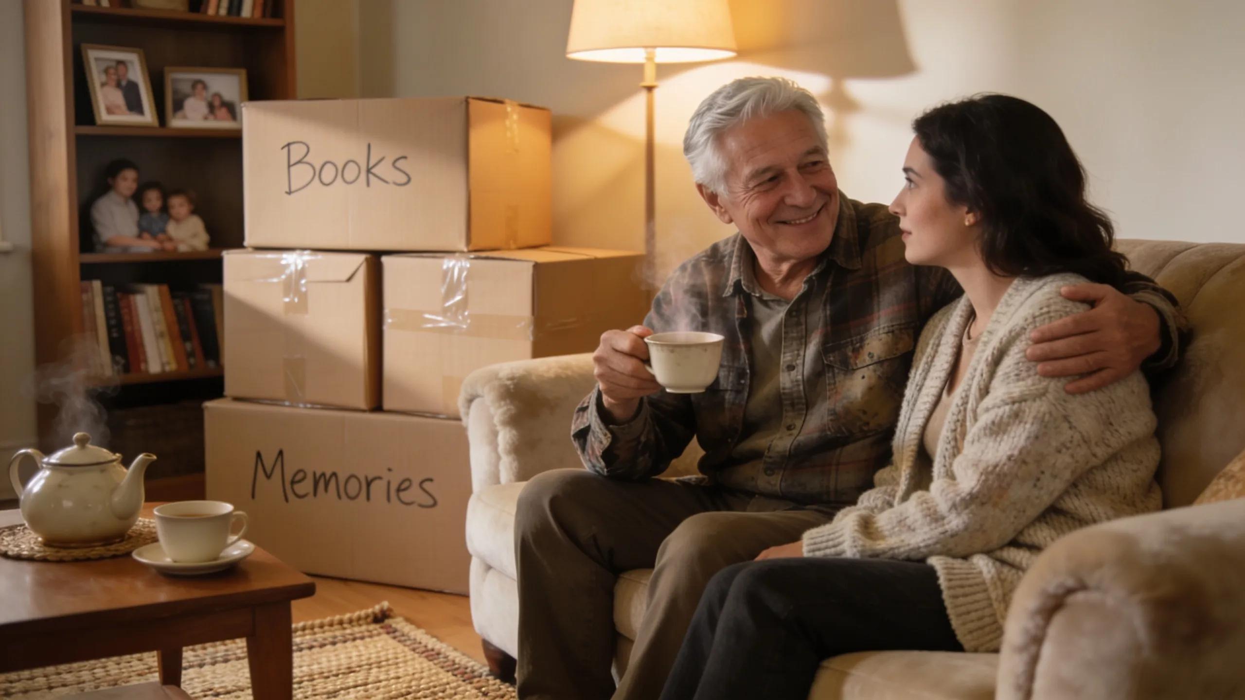 Senior man engaging in a supportive conversation with a family member, emphasizing emotional support during the moving process